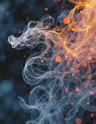 The primary subject of the image is a blue background with a swirling, flowing pattern of orange and white lights. The visual style appears to be a digital art or illustration, creating a dynamic and vibrant atmosphere. The colors and mood convey a sense of energy and movement, with the blue background providing a contrasting and calming element to the overall composition.